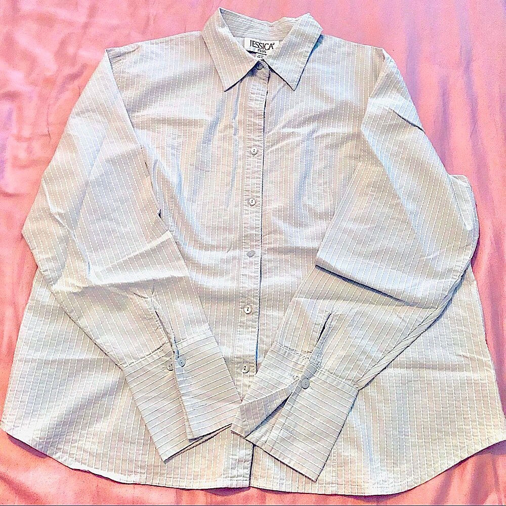 Jessica Plus Long Sleeve Button Down Shirt  Embroidered Light Blue/Tan Size 2X